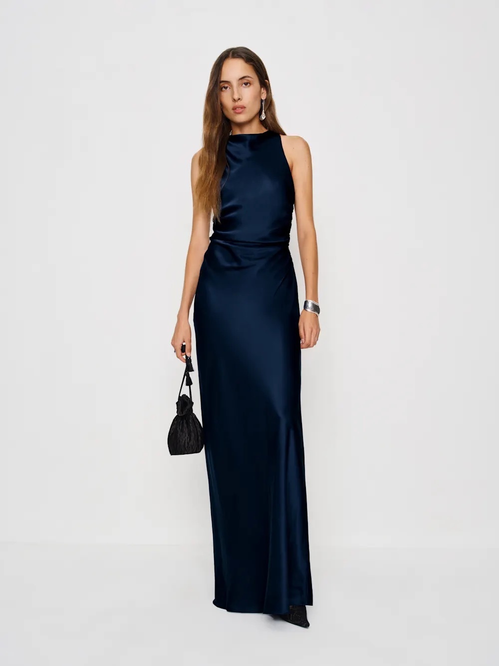 NEW Reformation Anaiis Silk Long Navy Blue Formal Backless Dress US 6 UK 10
